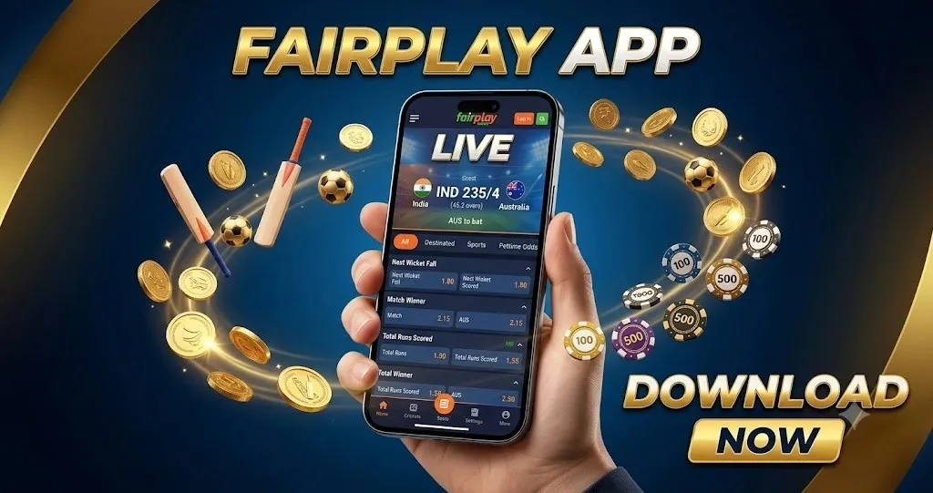 Hand holding a smartphone with the FairPlay cricket betting app, surrounded by floating sports items and coins under "FAIRPLAY APP" and "DOWNLOAD NOW" text overlays.