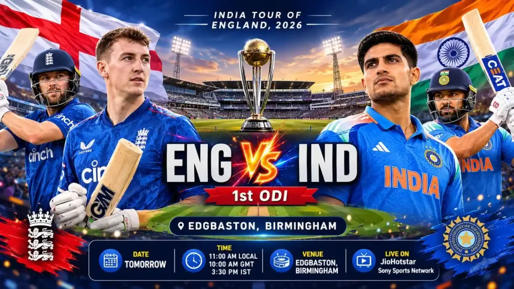 ENG vs IND 1st ODI 2026 match poster at Edgbaston, Birmingham | Dream11 Prediction & Match Preview | Faairplay