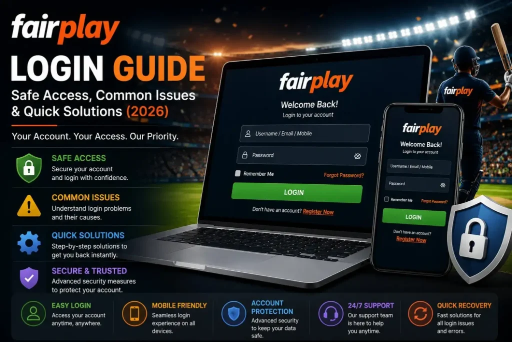 Fairplay Login Guide banner showing secure account access, login screen, common login issues, and quick solutions for Fairplay users in 2026.