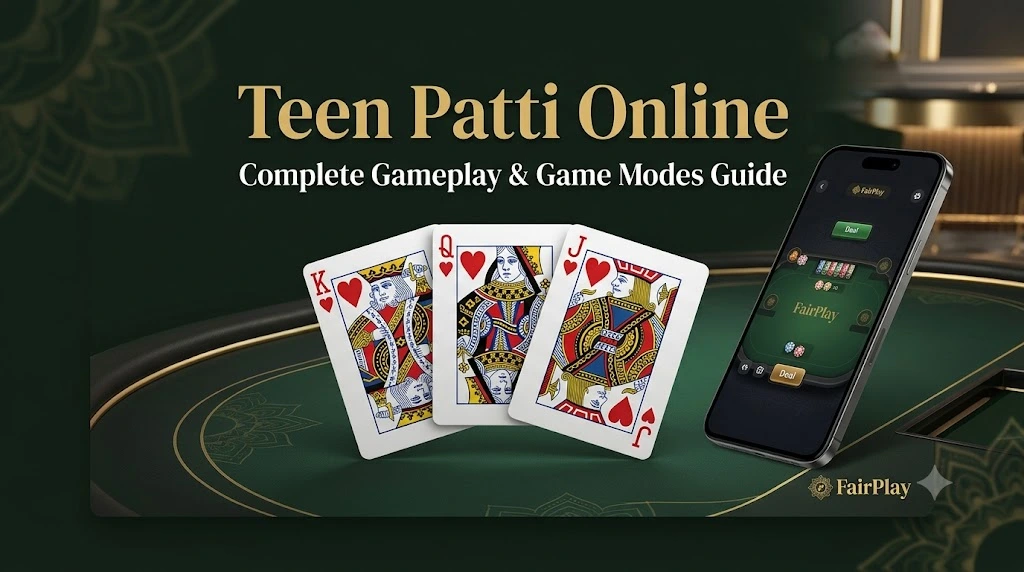 "Teen Patti Online" gameplay guide banner with FairPlay branding, three 3D cards, a smartphone interface, and dark green/gold Indian patterns.