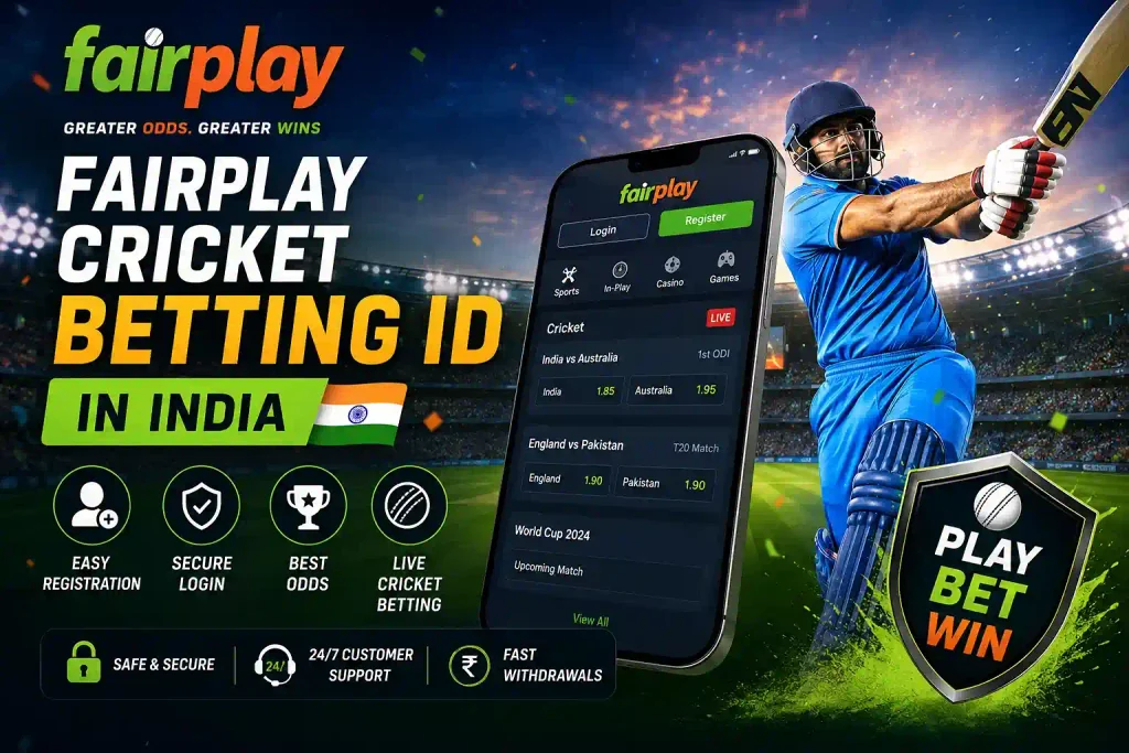Fairplay Cricket Betting ID in India with cricket player, mobile betting interface, registration and login options
