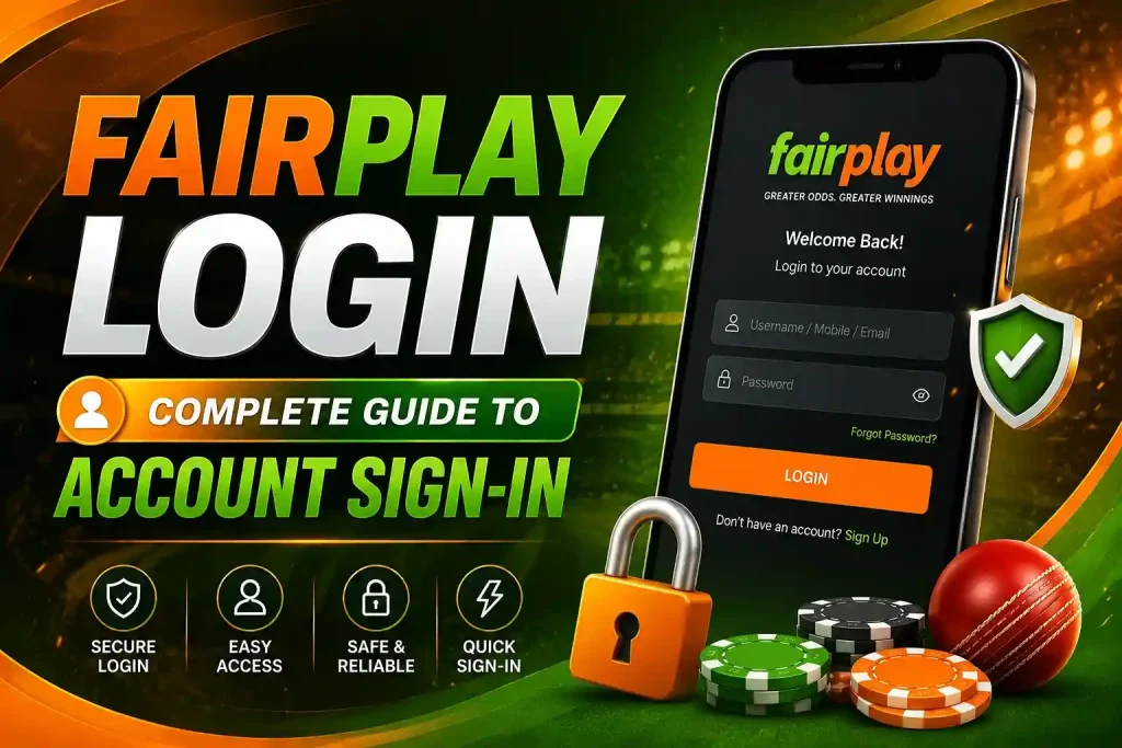 Fairplay login banner in orange and green featuring a smartphone sign-in screen, secure login shield, padlock, cricket ball, gaming chips, and text about account sign-in.