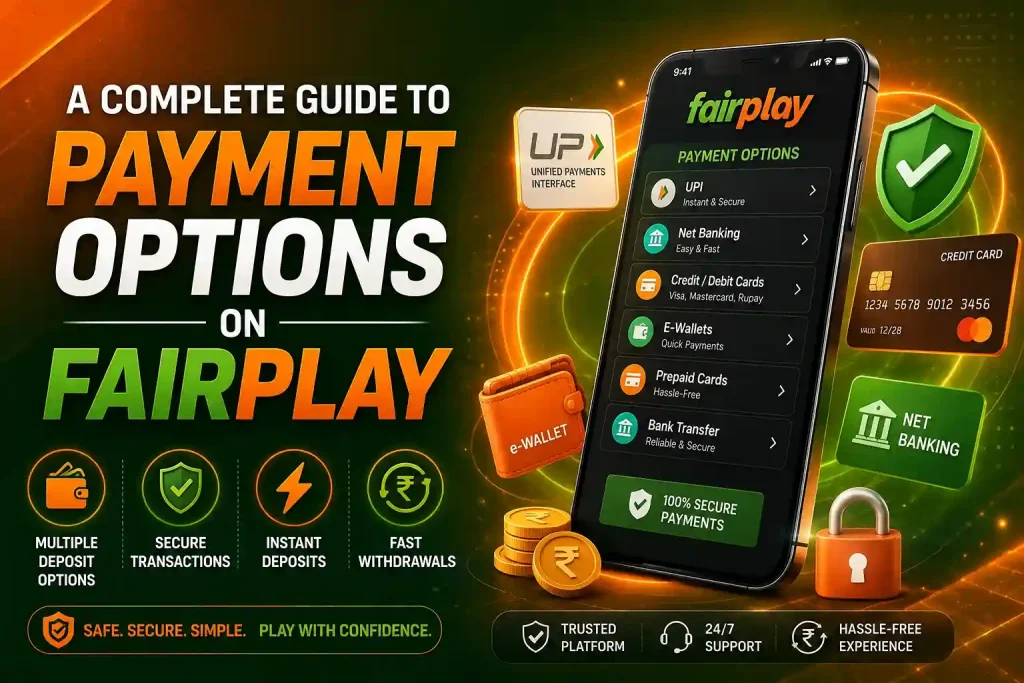 Fairplay payment options guide in orange and green, showing UPI, net banking, credit and debit cards, e-wallets, prepaid cards, and bank transfers.